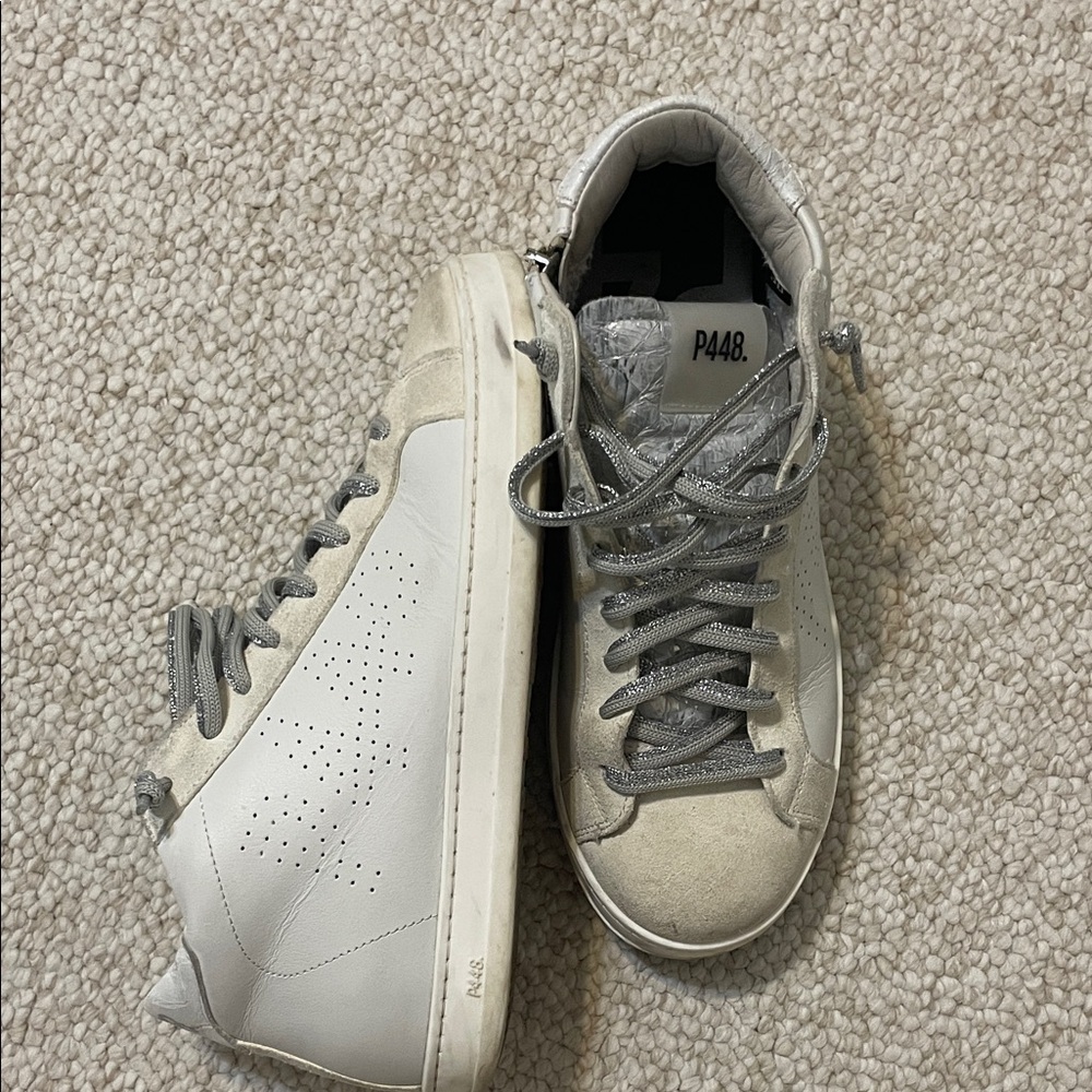 P448 Cream and Silver Metallic High-Top Sneakers